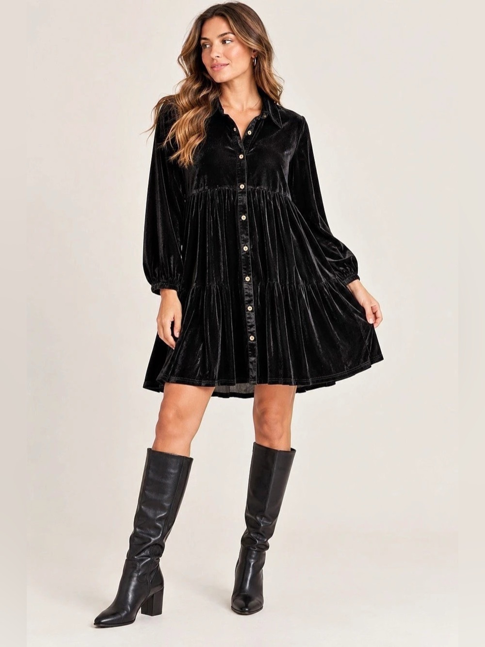 Easel Los Angeles Black Velvet Button Down Babydoll Dress Boho Mini Size Small